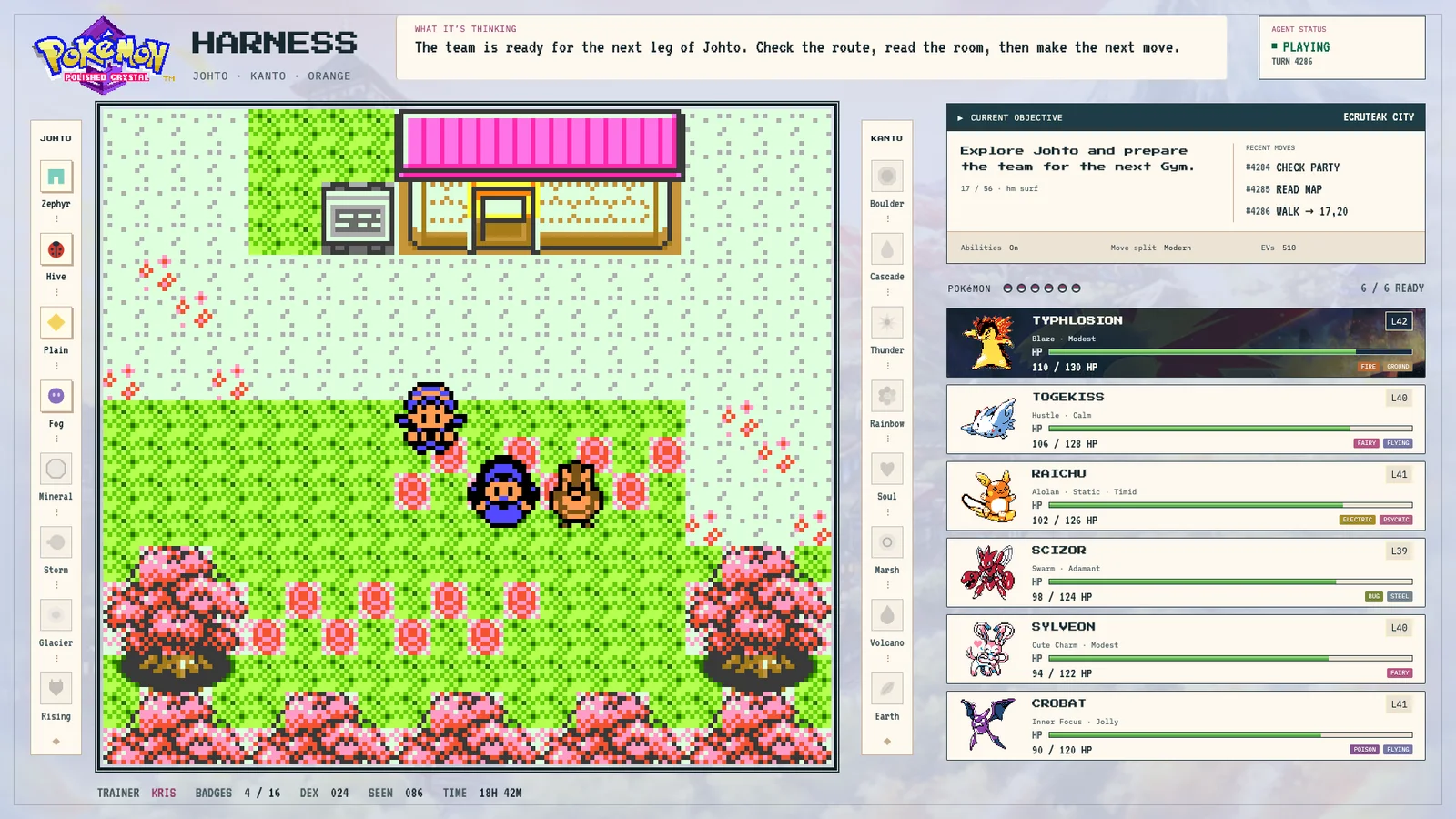 Emisión del harness de Polished Crystal: partida en directo, el objetivo actual con su número de checkpoint, dieciséis medallas y el equipo de seis Pokémon.